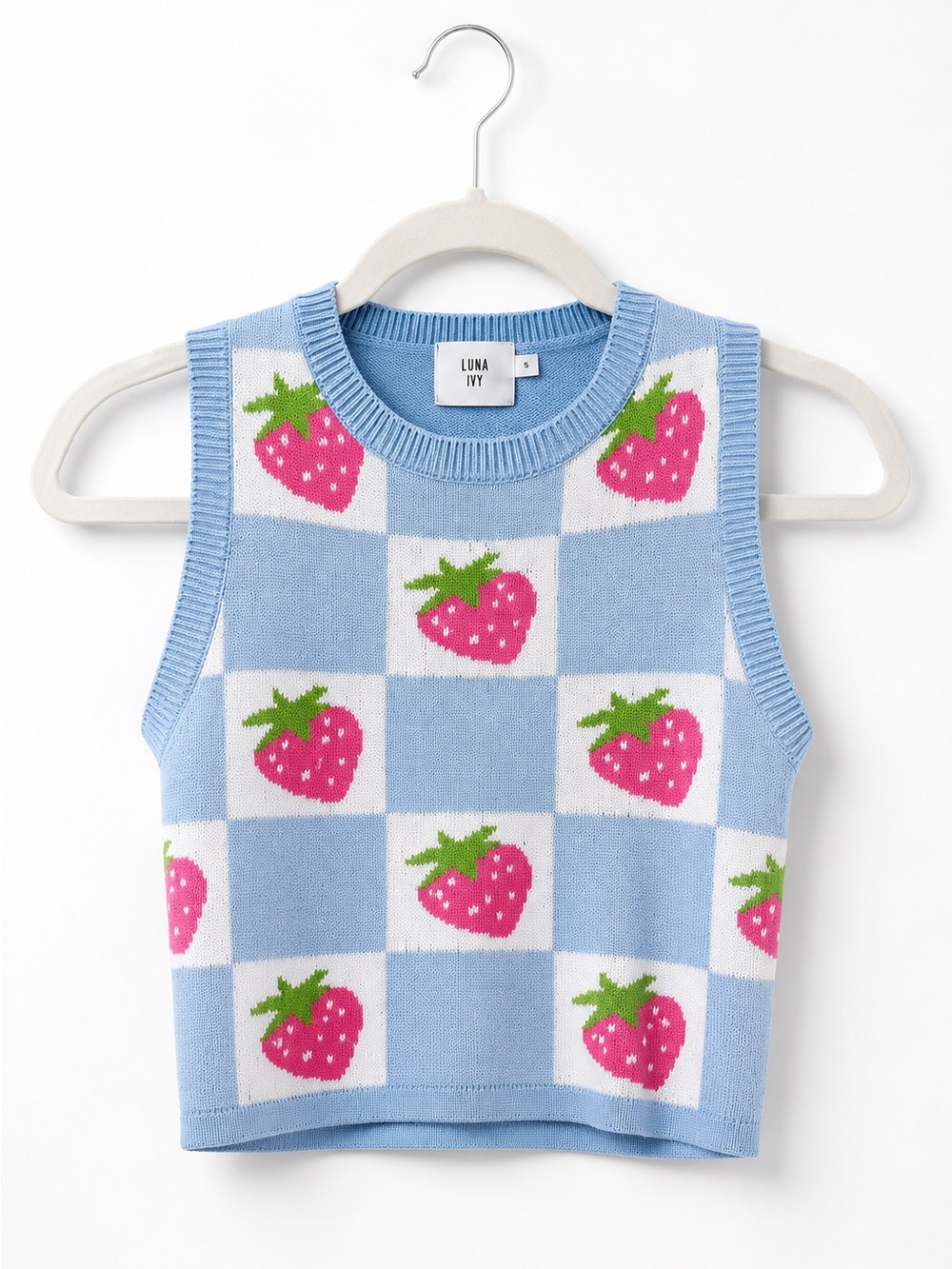 Luna Ivy Strawberry Sweater Vest Size Small Blue Checkered Knit Cottagecore - Picture 1 of 10